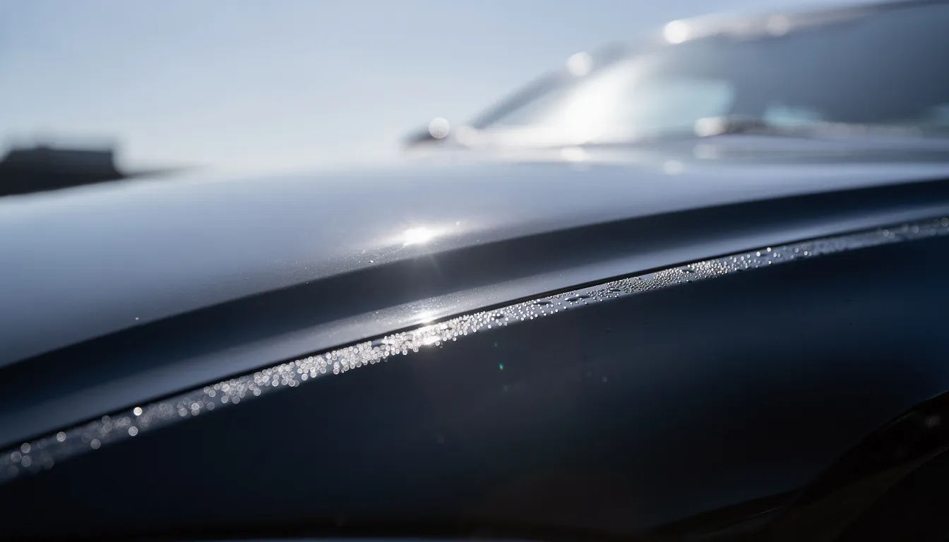 A close-up view of a freshly waxed dark-colored car hood, shining brightly as it reflects sunlight, showcasing the vehicle's polished surface and premium detailing products. This image highlights the expertise of mobile detailing services in enhancing a car's appearance and leaving it spotless.