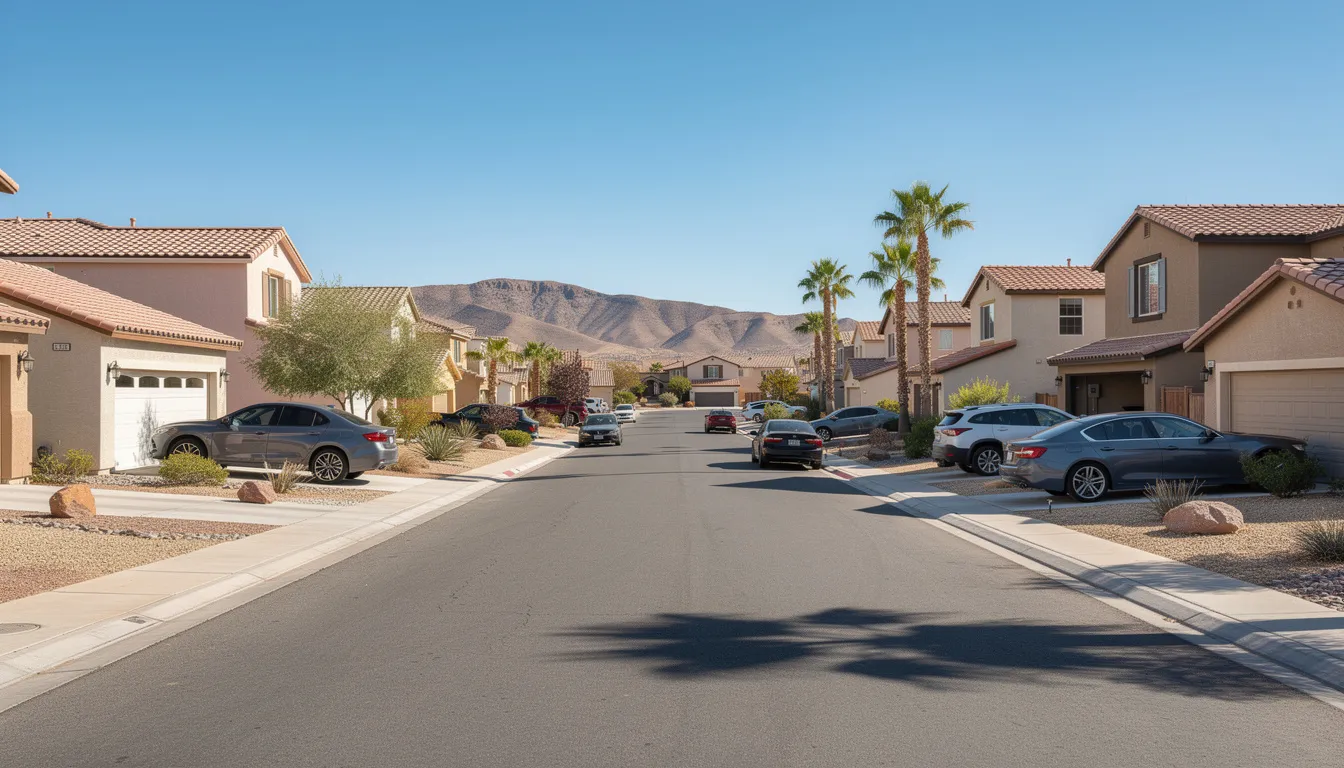The image depicts a residential street in Henderson, Nevada, lined with cars parked in driveways and a few on the road, showcasing the everyday life of vehicle owners. This scene highlights the importance of mobile detailing services for maintaining the overall appearance and condition of vehicles in such neighborhoods.