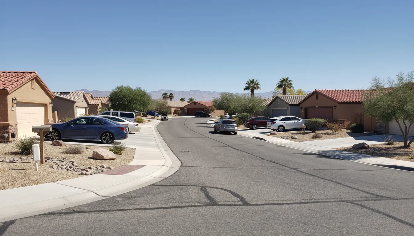 The image depicts a residential street in Spring Valley, NV, lined with various vehicles parked in driveways and along the street, showcasing a typical suburban neighborhood. This scene captures the essence of everyday life, where families and individuals rely on mobile auto detailing services to maintain their cars' appearance and protect their investments.