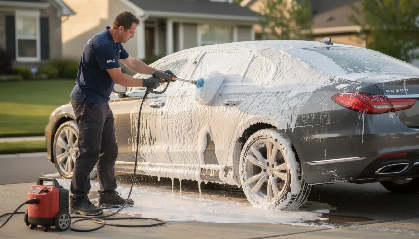 A professional mobile detailing technician is applying foam wash to a luxury sedan parked in a residential driveway, showcasing the commitment to quality car detailing services. The technician uses premium detailing products to ensure the vehicle is left spotless and shines, reflecting the high standards of mobile auto detailing in Las Vegas.