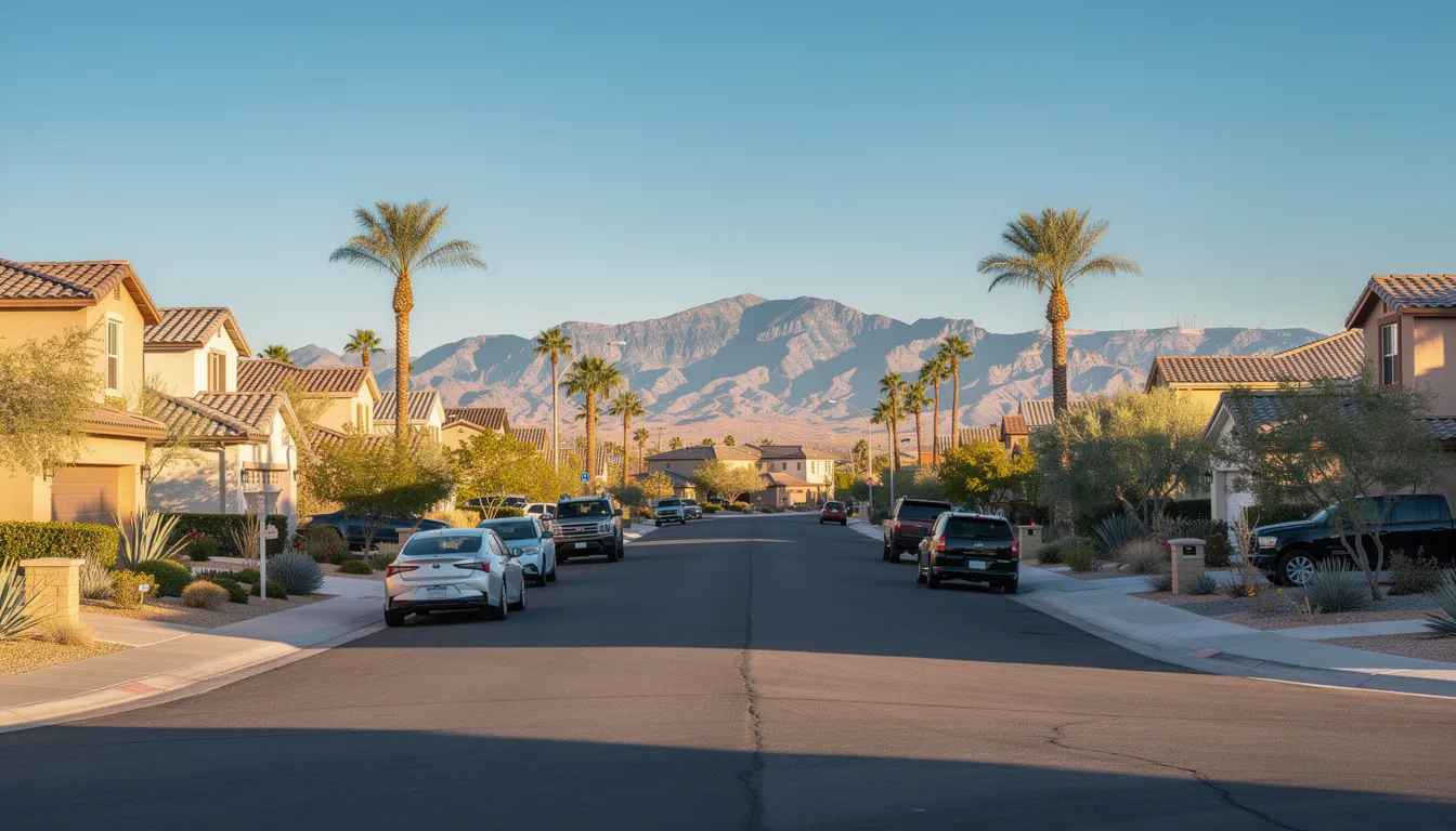 The image showcases a scenic view of a Summerlin residential neighborhood, framed by majestic mountains in the background, with several parked vehicles lining the streets. This picturesque setting highlights the beauty of the area, perfect for those interested in mobile detailing services to keep their cars spotless and shining.